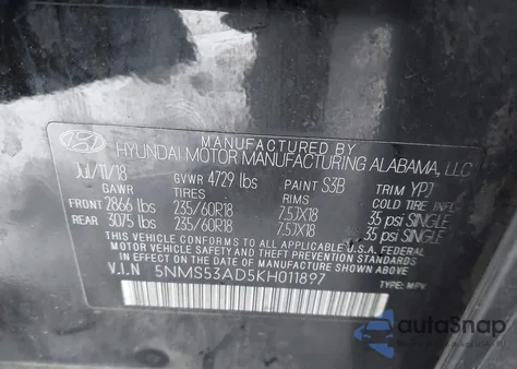 2019 Hyundai Santa Fe Limited z USA, uszkodzony, nr VIN 5NMS53AD5KH011897